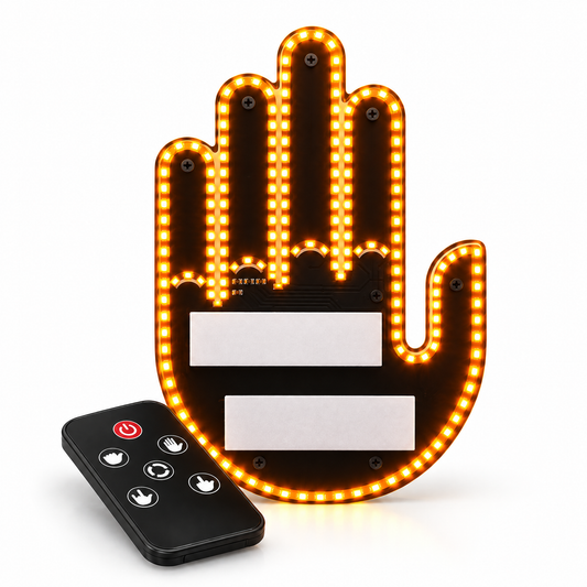 RoadWave LED hand sign glowing amber with its wireless remote