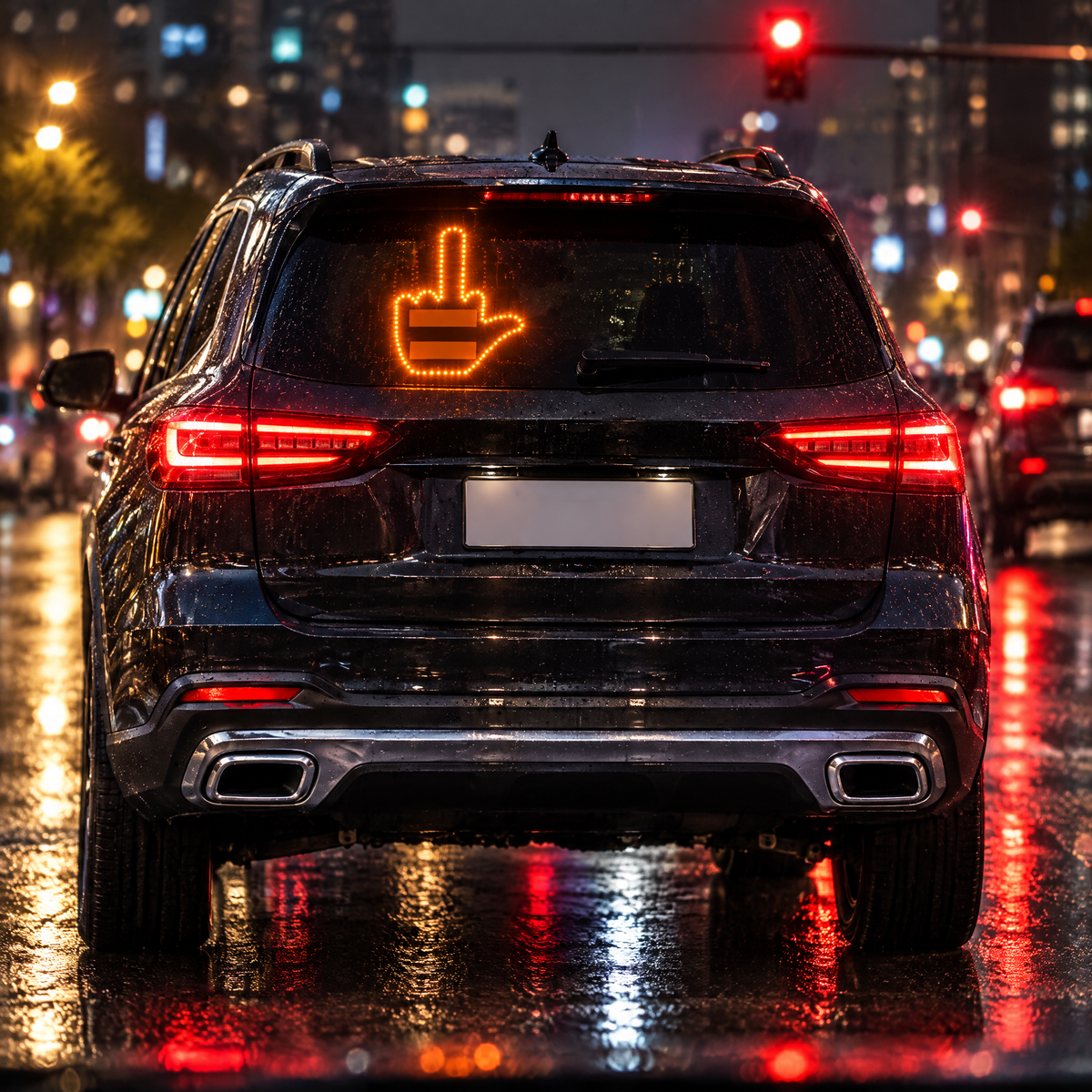 Middle-finger gesture glowing in an SUV rear window at night