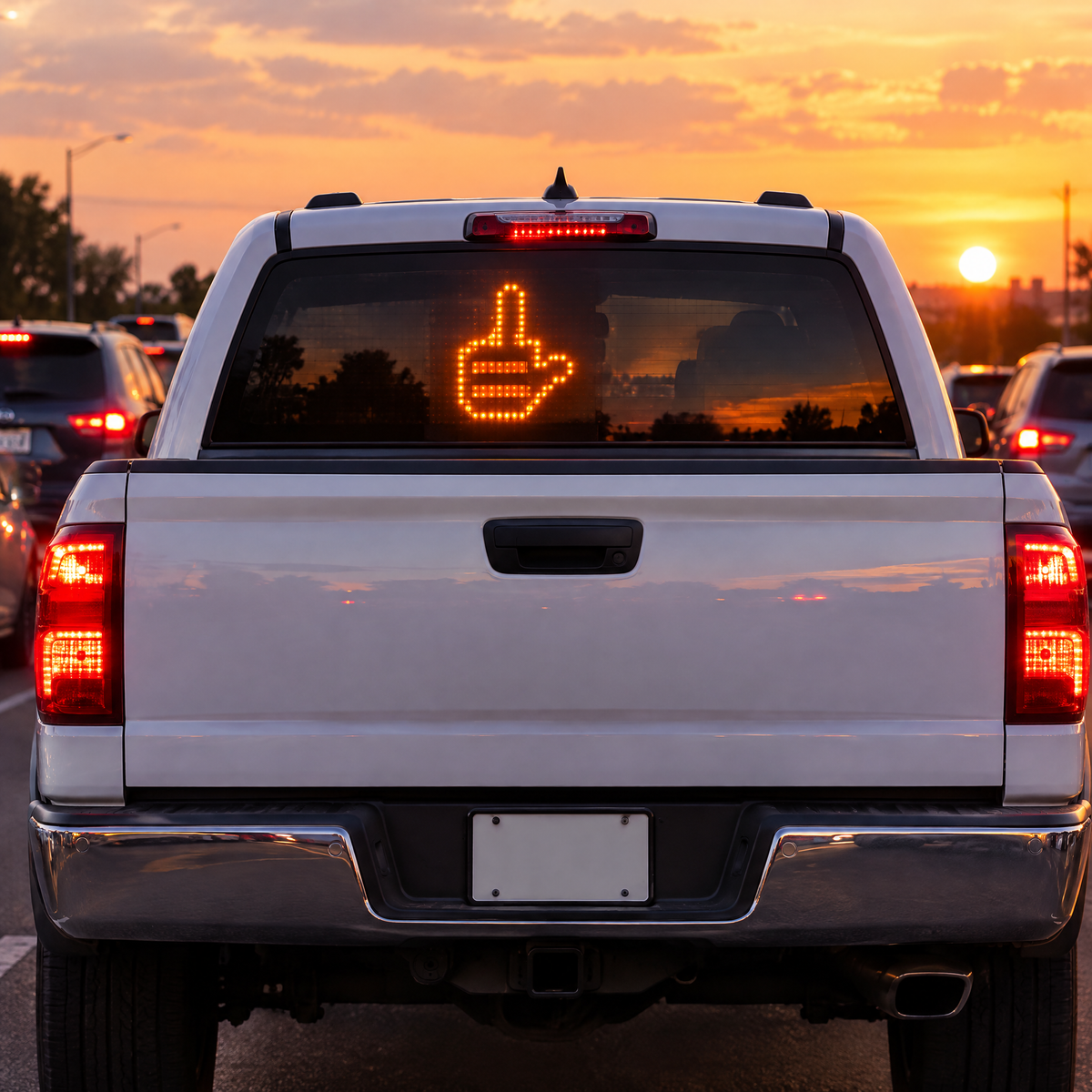 Gesture glowing in a pickup truck rear window at sunset