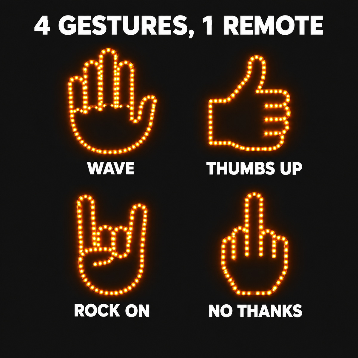 The 4 gestures: wave, thumbs up, rock on and middle finger